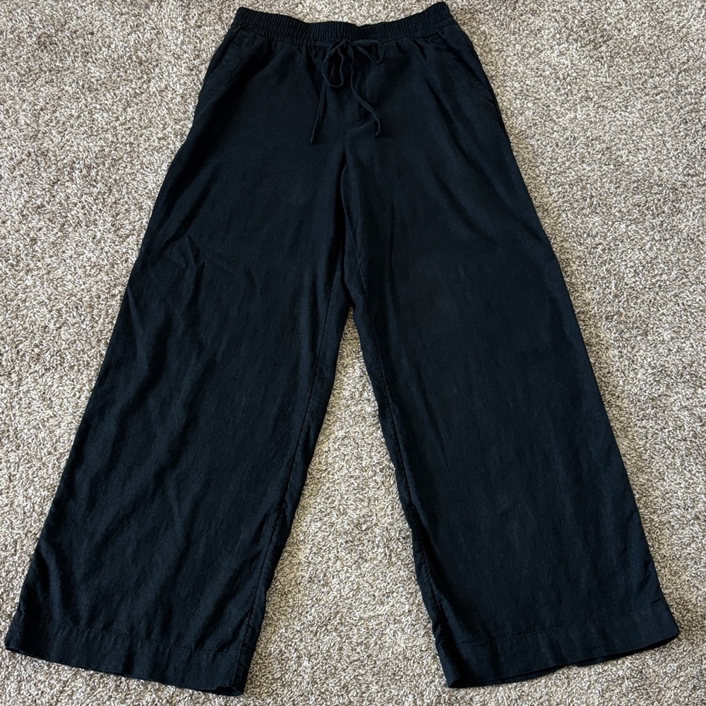 Black Linen Drawstring Wide Pants Size S